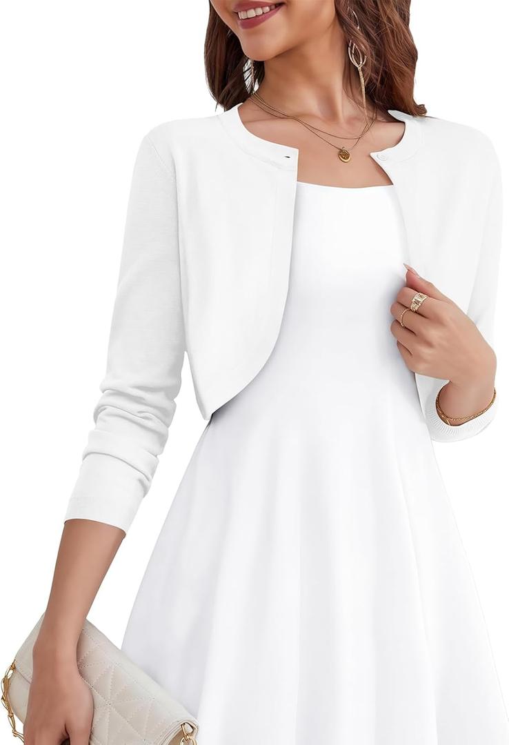 Women's Long Sleeve Cardigan - Cropped Open Front Knit Sweaters Bolero Shrug for Dresses S-XL (White)