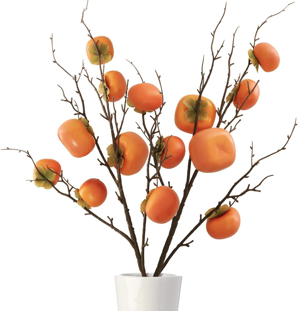 Yatinkim Artificial Fall Harvest Fruit Decoration Fake Persimmon Branches Orange Simulation Lifelike Stems Tree Plant for Vase Filler Thanksgiving Autumn Home Decor 2 Pack