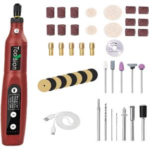 Mini Cordless Rotary Tool,45 PCS Accessories and USB C Charging and 3.7V 2.0Ah rechargeable battery pack rotary tool kit,5-speed for sanding,engraving,polishing,cutting, Diy Crafts(Red)