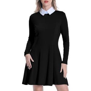 Women Casual Dress Peter Pan Collar Long Sleeve Classic Gothic Dresses (Small, Black)