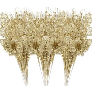 24 Pack Christmas Tree Ornaments - Artificial Flowers Glitter Berry Stems Christmas Floral Picks Branches for Xmas Tree Decorations Vase Filler Holiday Wedding Party Home Decor (Gold)