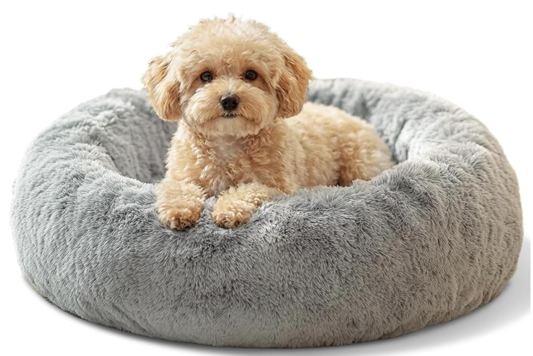 JOLLYVOGUE Small Dog & Cat Beds for Indoor Cats  20 inches Calming Donut Dog Bed for Kittens & Puppies, Washable Round Fluffy Plush Faux Fur Pet Beds (Smoke Grey)