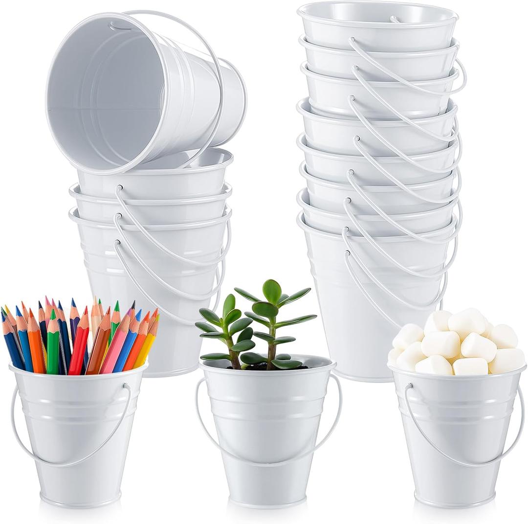 Sadnyy 12 Pcs 3.5 Inch Small Metal Buckets with Handle, Mini Metal Pail Tin Galvanized Pail Container for Crayon Storage Wedding Table Decorations Trick or Treat Flower Plant Party Gift (White)