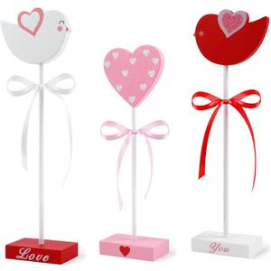 3 Pcs Valentine's Day Decoration Heart Wooden Sign Set Pink and Red Wooden Bird Tiered Tray Decor Valentines Standing Block Love Tables Centerpieces for Wedding Home Party Favor Supplies