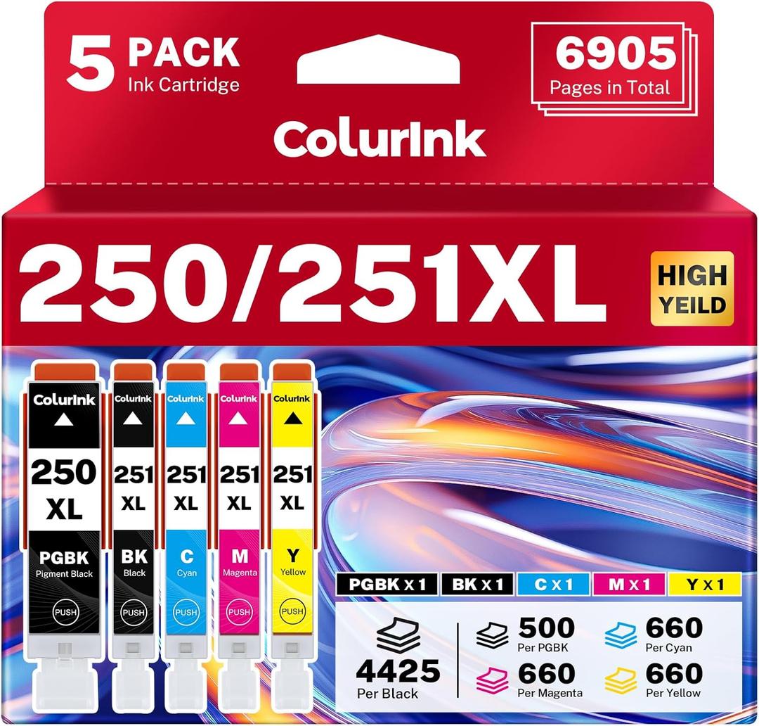 2 x 250 251 Printer Ink Cartridges Replacement for Canon MX922 Ink Combo, PGI-250XL CLI-251XL PGI 250XL 251XL XL Smart Ink for Color Printers Pixma IP8720 IX6820 MX920 MG5520 MG7520 MG6620 (5 Packs)