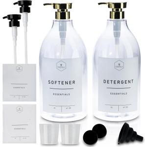 Deerlii Laundry Detergent Dispenser Set 67oz – Stylish Transparent PET Plastic Bottles – Gold and Black Pumps – Customizable & Childproof – Elevates Laundry Room Aesthetics with Detergent Bottle Kit