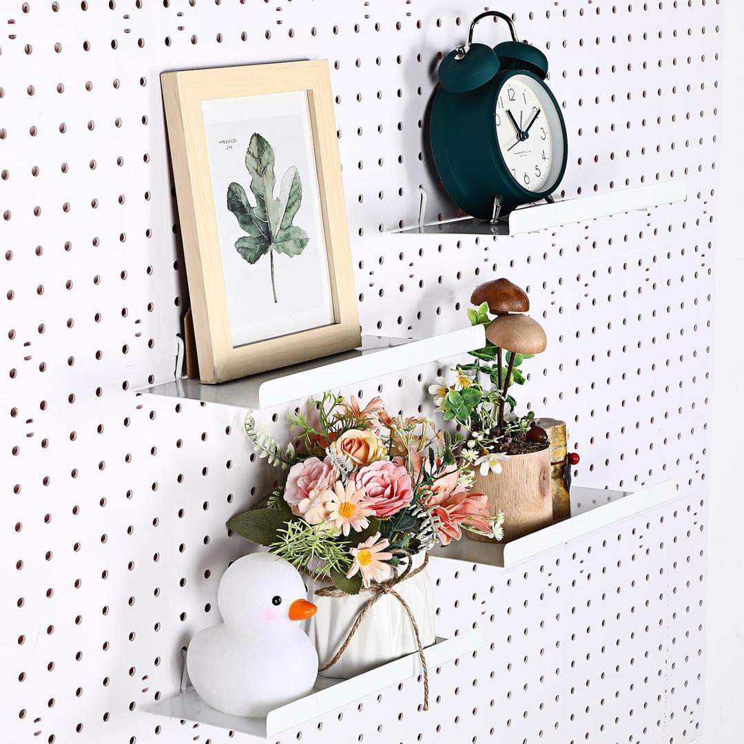 Beeveer 4 Pcs Pegboard Shelves Wall Organizer Brackets Pegboard Steel Tray Accessories Organizing Tools for Craft Garage Nursery Workbench Kitchen(10.04 x 4.33 Inch,White)