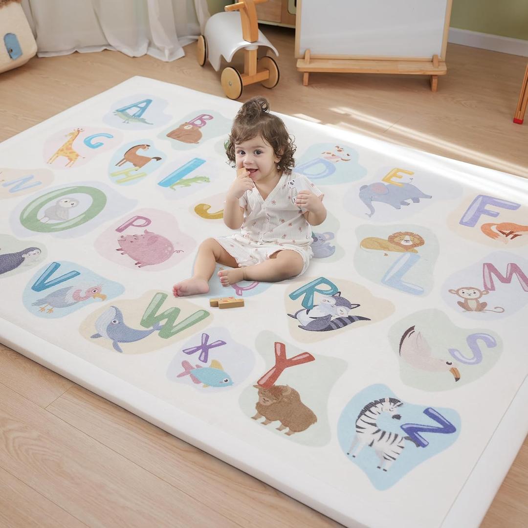 1.3" Thick Educational Baby Floor Play Mat 79x118, Basic Padded Memory Foam Kids Mat, Large Non-Slip Plush Playmat for Nursery Playroom Classroom (ABC Animal)