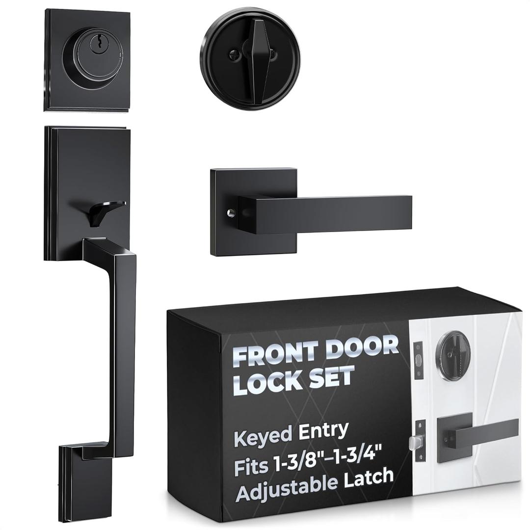 Front Door Lock Set with Deadbolt Zinc Alloy Body with Multi Layer Plating | Matte Black Front Door Handle and Deadbolt Set with Smooth, Quiet Turn Rust-Resistant, Reversible for Left and Right
