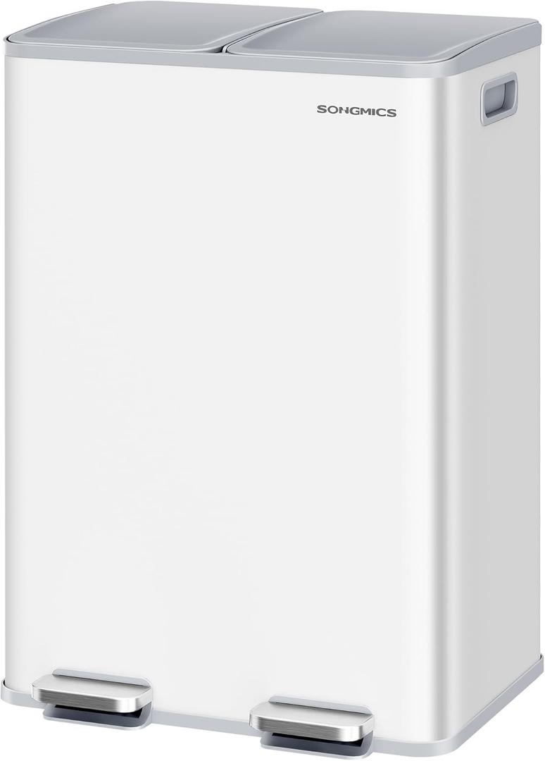 SONGMICS Trash Can, 2 x 8 Gallon (2 x 30 L) Dual-Compartment Garbage Can with Soft-Close Lid, Pedal and Inner Buckets, Stainless Steel, Includes 15 Liner Bags, Matte White ULTB741W01