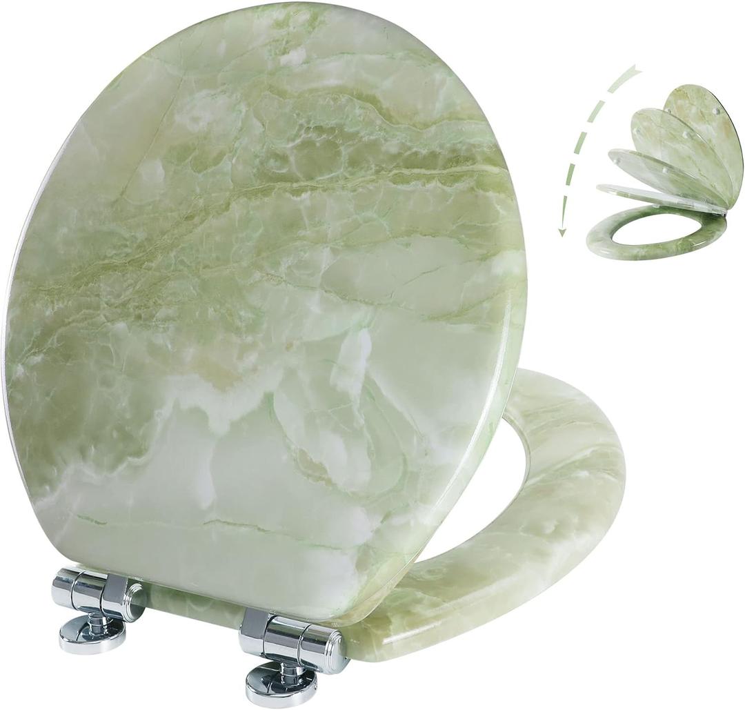 Angel Shield Marble Toilet Seat Durable Molded Wood with Quiet Close, Easy Clean, Quick-Release Hinges Round Toilet Seat (Round, Green Marble)