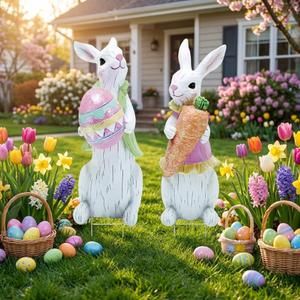 2 PCS Large Easter Decorations Outdoor Easter Yard Signs Easter Yard Decorations with Metal Stakes Bunny Decorations Easter Outdoor Garden Sign Waterproof Lawn Signs for Pathway Walkway