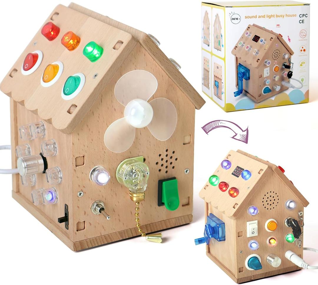 Sound and Light Busy House Wooden Montessori Busy Board, Light Switch Games Toddler Sensory Toys Montessori Toys for 3+ Year Old Gifts for Boys and Girls