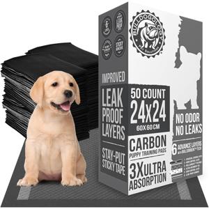 Bulldoglogy 50-Count Carbon Black Puppy Training Pads with Adhesive Tape 24x24 - Large Charcoal Housebreaking Dog Training Wee Pads, Odor Control Thick Pee Pads for Dogs Extra Quick Dry Polymer Tech