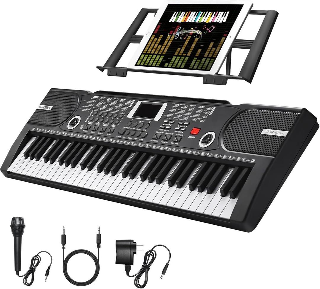 61 Key Keyboard Piano, Portable Electronic Keyboard Piano for Beginners with Speakers, Microphone, Sheet Music Stand, 100 Voices, 100 Rhythms, Digital Music Keyboard Built-In Speakers - Black