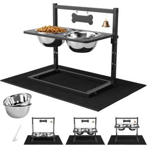 SHAINFUN Elevated Dog Bowls with Mat, Adjustable Height 4.3''-11.8'', Metal Stand, Two 1.7L Stainless Steel Food & Water Bowls for Large, Medium Dogs