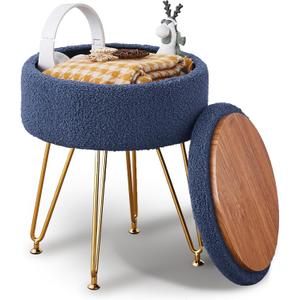Wimarsbon Storage Ottoman,Teddy Velvet Vanity Stool,Soft Padded Seat,Round Footrest with Removable Cover and Adjustable Legs,Modern Decorative Accent Footstool or End Table for Hallway (Grey-Blue)