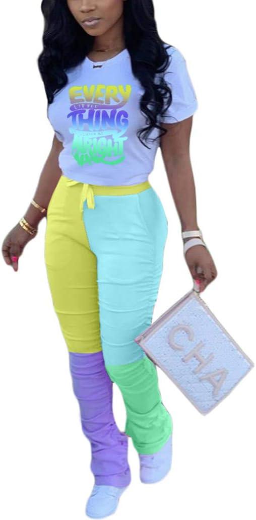 Casual 2 Piece Outfit Sets for Women Color Block Short Sleeve T-Shirts + Stacked Flare Pants Tracksuit Sweatsuit (X-Large)