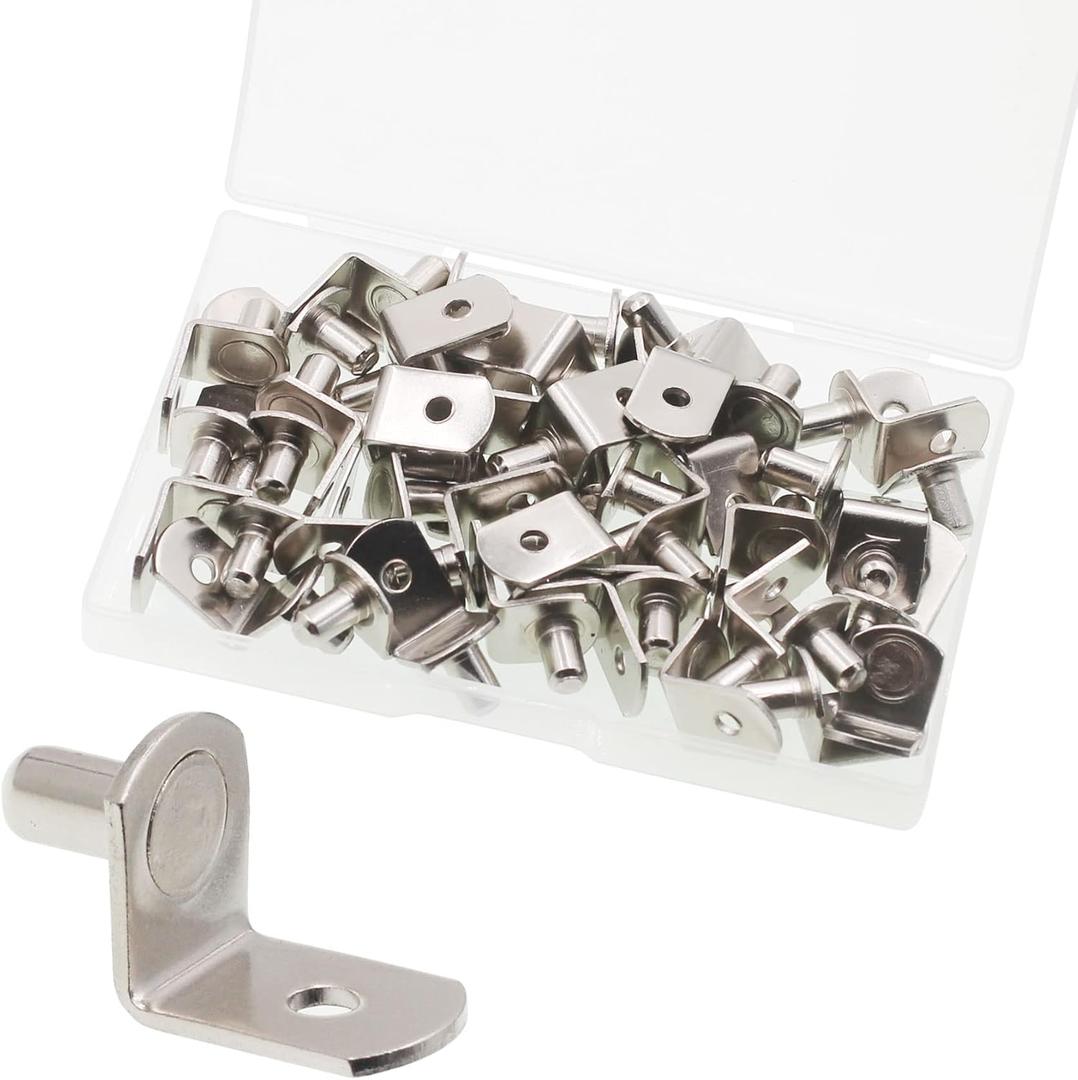 Shelf Support Pegs, 50 Pcs Shelf Pegs with Hole, 5mm (1/5 inch) Cabinet Shelf Bracket Pegs, L-Shaped Nickel Plated Shelf Pins Holders for Bookcase Kitchen Closet Shelf Shelves Furniture Cabinet