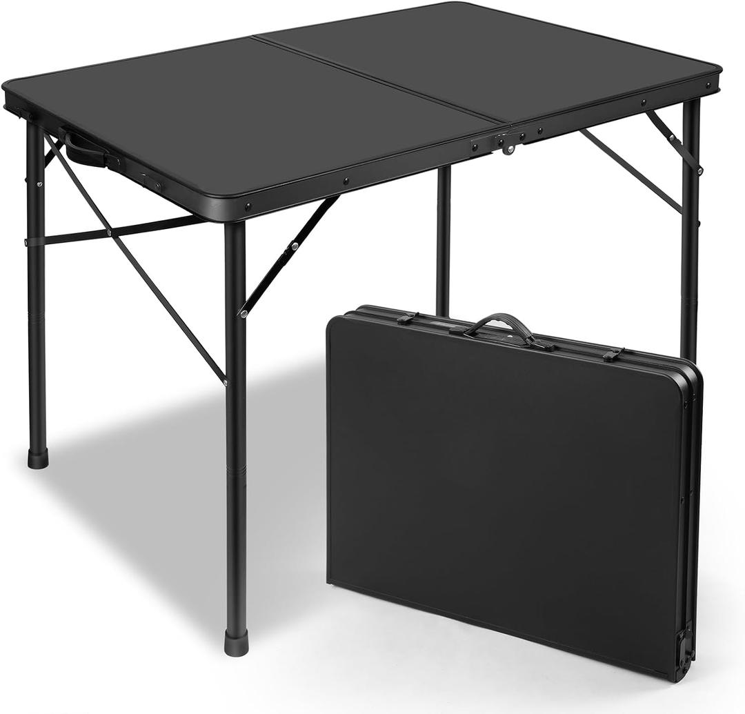 E EASTSTORM 35 inch Folding Table for 4 Person, Heavy-Duty Metal Tabletop, 2 Adjustable Height Camping Table, Portable Outdoor Table with Carrying Handle,for Patio, Picnic, Parties, BBQs, Black