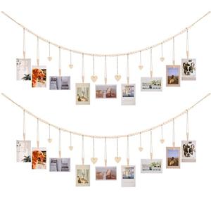 Hanging Photo Display Room Wall Decor, Boho Collage Picture Frame Christmas Cards Holder, Photo Hanger with 9 Wood Clips and 6 Wooden Hearts Tags for Home, Bedroom, Office, Nursery, Dorm Decor, 2 Pack