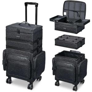 BYOOTIQUE 3in1 Soft Sided Rolling Makeup Train Case Cosmetology Case On Wheels Large Organizer Storage Cosmetic Trolley with Adjustable Divider for Makeup Artist Nail Wedding Travel Glitter Black