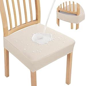 Smiry Waterproof Seat Covers for Dining Room Chairs Set of 6, Stretch Jacquard Removable Washable Chair Seat Slipcovers Protector, No Rear Covers, Beige