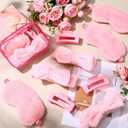 Hoteam 24 Pcs Spa Party Favors Supplies 6 Spa Headband 6 Plush Sleep Eye Mask 6 Hair Claw Clips 6 Clear Cosmetic Bags for Adult Sleepover Slumber Party Graduation Gift(Pink)