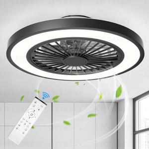 Ceiling Fans with Lights and Remote, 22 Inch Enclosed Bladeless Dimmable Ceiling Fans Flush Mount, Black Modern Low Profile Ceiling Fan with Light for Bedroom, Kitchen, Living Room, Dining Room, 23 inch