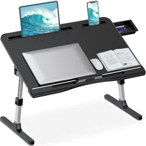 HETTHI Laptop Stand for Bed, Adjustable Leather Bed Desk with Foldable Legs, X-Large Laptop Bed Table Tray with Drawer for Bed Couch Floor Writing Working Reading Eating Painting (Black, 23.6"×15.7")