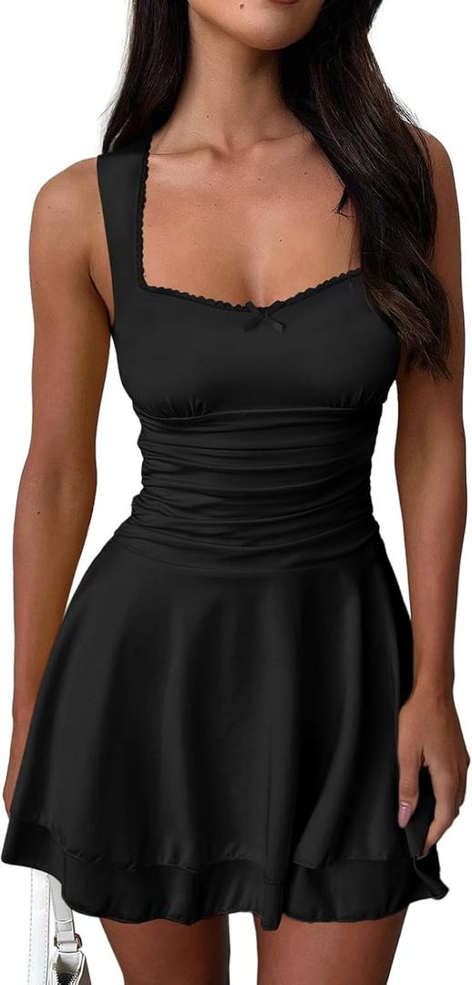 Women's Square Neck Ruffle Hem Mini Dresses Ruched Waist Slim Sleeveless Corset Dress for Women Short Party Dress (Black, L)