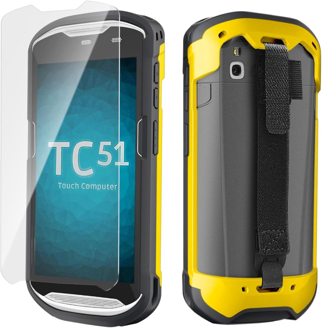 Protective Case Cover for Zebra TC51 TC52 TC56 TC57 TC510K Rugged Boot with Hand Strap for Zebra Phone Case with Tempered Glass (Yellow)