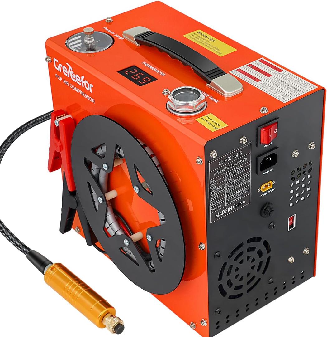PCP Air Compressor, Max 5800 PSI / 40 MPa,350W High Pressure Portable Pump, Water & Air Cooling, Dual Auto-Stop Gauge, 12V DC & 110V AC, for Air Rifles, Paintball Tanks, HPA Cylinders, Orange