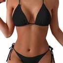 Tainehs Women's Sexy Halter Thong Bikini Tie Two Sides Bottom Triangle Bikini Swimsuits (Black)