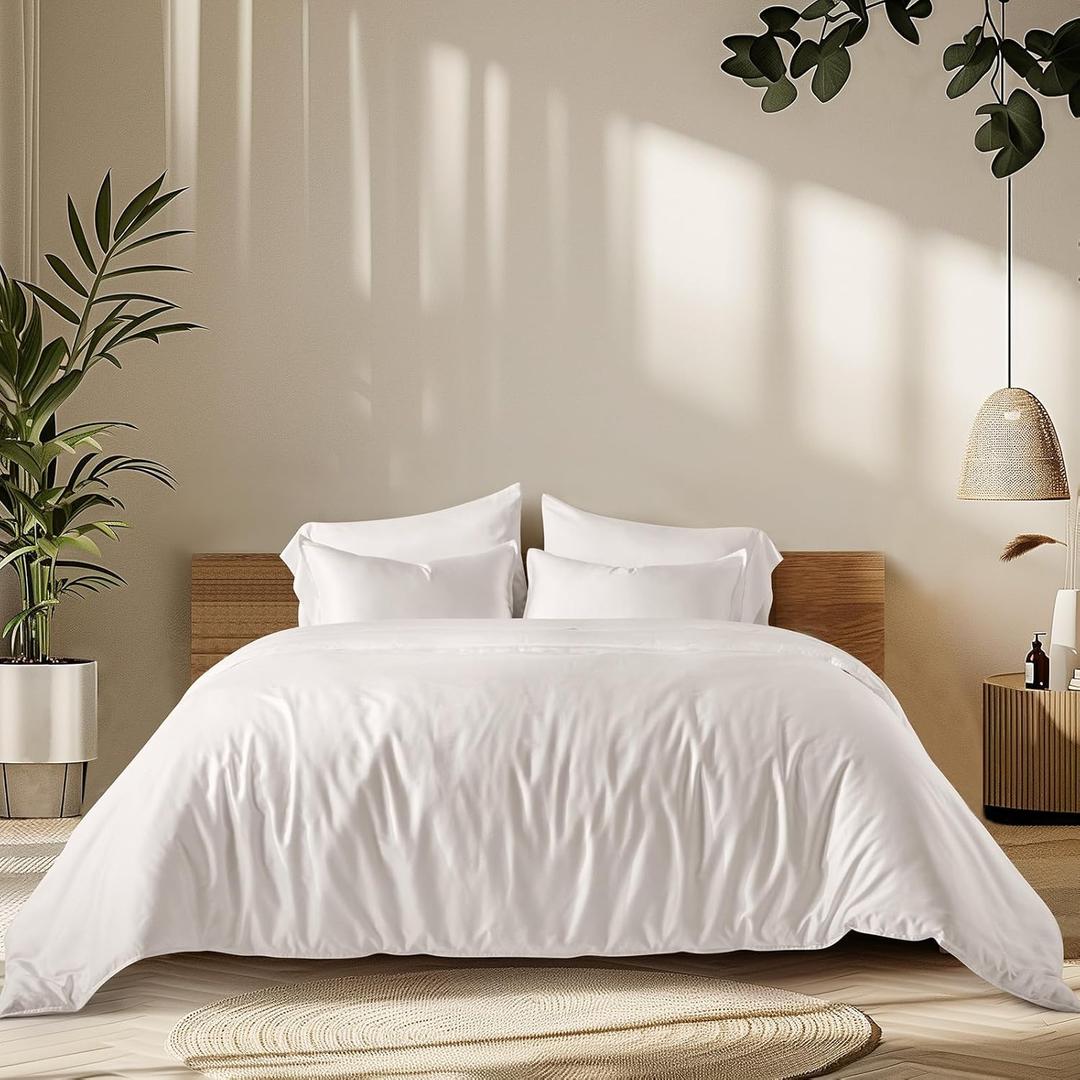 EVERGRACE Cotton Tencel Cooling Duvet Cover Set Queen Size for Hot Sleepers, Luxe Eucalyptus Lyocell Bedding Set, Soft Sateen Weave Comforter Cover 90" x 90" w/Button Closure & 2 Shams, Bright White