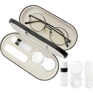 Eyeglass Case Double Sided Travel Size Cute Portable Contact Lens Box 2 in 1 Multifunction With Tool for Daily Outdoor Office, Black