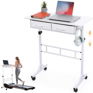 Small Standing Desk with Drawers for Walking Pad, Height Adjustable Rolling Standing Desk, 32in Treadmill Walking Pad Desk on Wheels, Computer/Teacher Desk, Height 27.6"-49.2", White, Compact