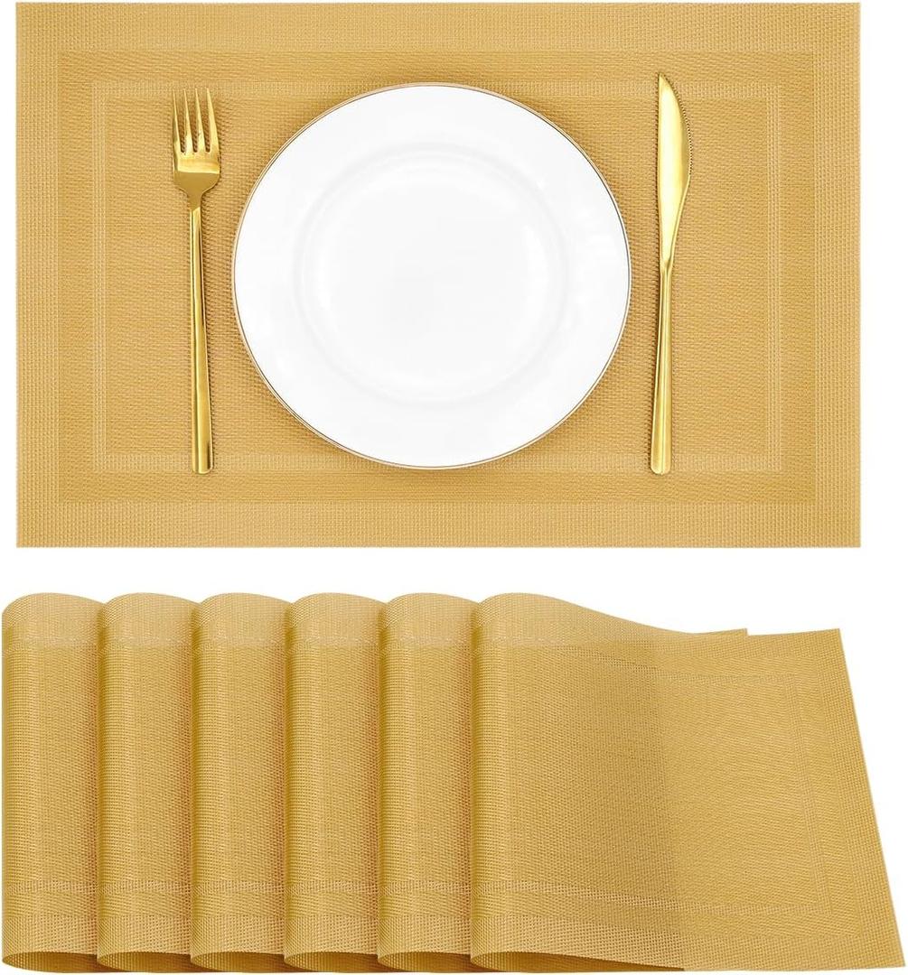 Placemats Set of 6, Heat Resistant Place Mats, Washable PVC Table Mats, Woven Vinyl Placemats, Non-Slip Stain Resistan Plastic Placemats for Table (Gold, 6)