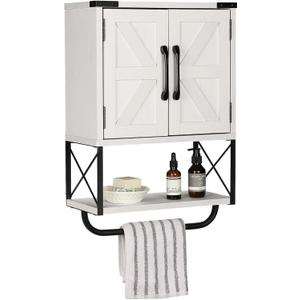 RUSTOWN Farmhouse Rustic Medicine Cabinet with Two Barn Door,Wood Wall Mounted Storage Cabinet with Adjustable Shelf and Towel Bar, 3-Tier Cabinet for Bathroom, Living Room(Vintage White)
