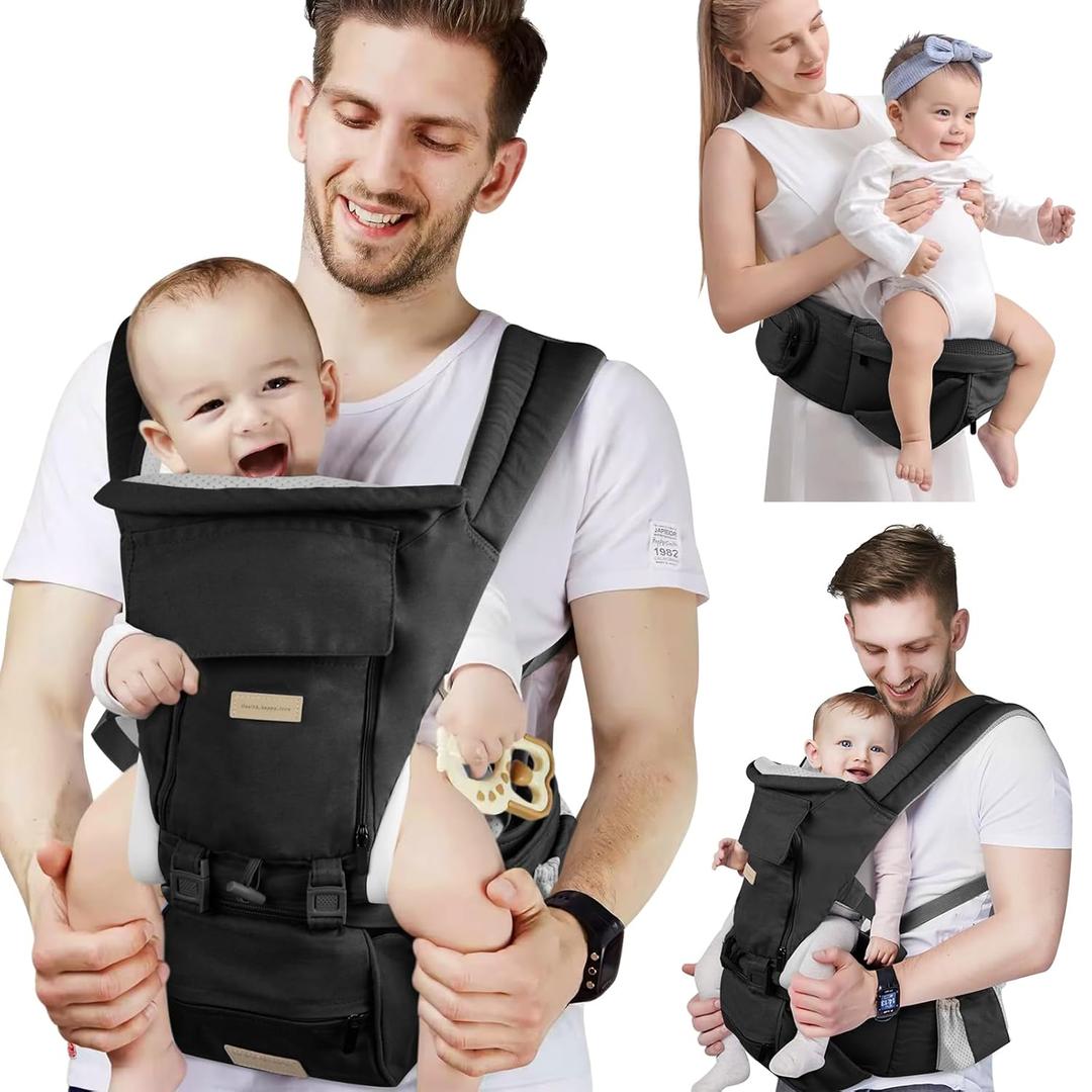 Baby Carrier Newborn to Toddler with Hip Seat, Soft 6-in-1 Ergonomic All Positions Infant Carrier 7-33 Ib with Hood and Multiple Pockets for All Seasion Use for Dad and Mom Black