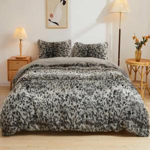 LIFEREVO Cheetah Print Faux Fur Duvet Cover Fluffy Bedding Set, 3 Pieces Soft Plush Fuzzy Comforter Cover Set(1 Shaggy Comforter Cover+2 Furry Pillowcases), Zipper Closure(King, Leopard Print Grey)