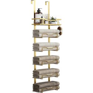 Hanging Towel Racks for Bathroom No Drill - 6-Tier Over The Door Bath Towel Storage Organizer for Small Bathrooms - Tiered Back of Door Towel Holder Hanger for Rolled Towels RV Camper Gold