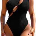 SKAYS Women's One Piece One Shoulder Swimsuit with Cutout Halter Design High Waisted Sexy Tummy Control Bathing Suit, L