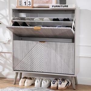 oakvivo Shoe Cabinet with 2 Flip Drawers, Freestanding Shoe Organizer with 4 Wooden feet, Modern Shoes Storage Cabinet for Entryway, Hidden Narrow Shoe Rack Cabinet for Foyer, Hallway, Mudroom, Grey