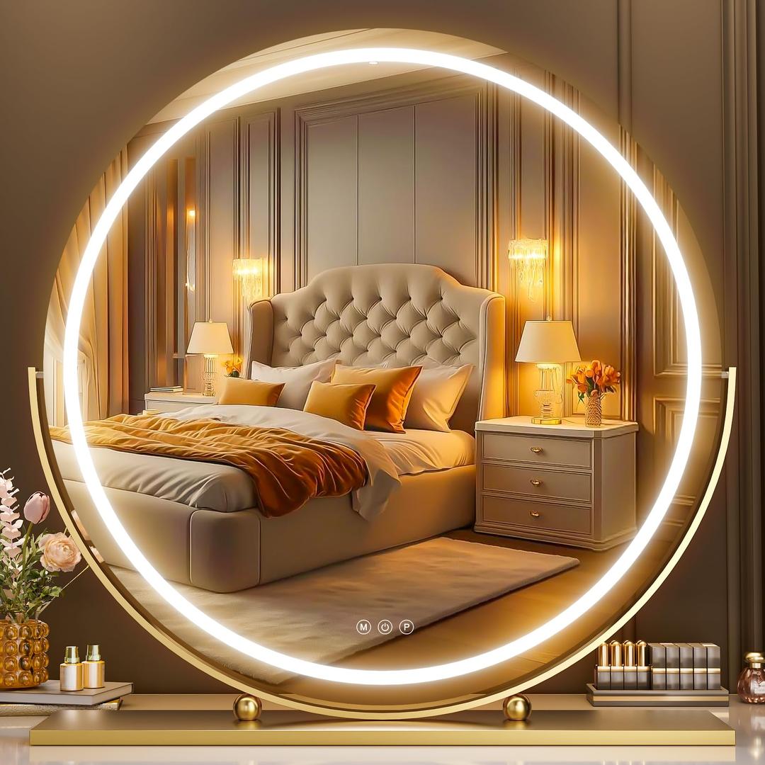 Hasipu Vanity Mirror with Lights, 27.6" LED Big Makeup Mirror, Lighted Makeup Mirror with Lights, Smart Touch Control 3 Colors Dimmable Round Mirror 360°Rotation Gold