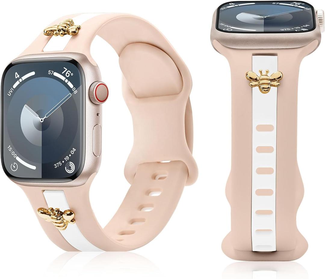 Silicone Strap for Apple Watch Band 38mm 40mm 41mm 42mm, Stylish Bracelet with Cute Gold Honey Bee Charms for iWatch Series 11 10 9 8 7 6 5 4 3 SE, Designer Sport Wristbands for Apple Watch Bands Women