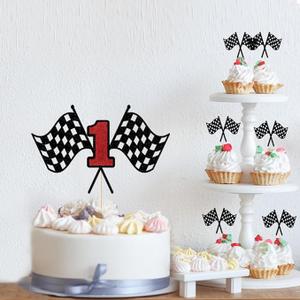 7Pcs Car 1st Birthday Cake Topper for Racing Car Checkered Flag Themed Kids Boy Girl Happy Birthday Party Supplies