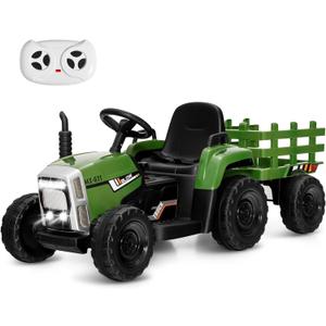 KOTEK Kids Ride on Tractor, 12V Battery Powered Ride on Car with Trailer, Remote Control, 35W Dual Motors, 3-Gear-Shift, 7 LED Headlights, Electric Tractor Outdoor Gift for Boys Girls, Dark Green