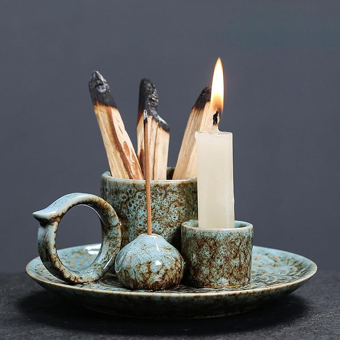 4 in 1 Ceramic Incense Burner Sage Burner with Handle, Sage Holder for Burning Sage, Palo Santo Stick, Joss Sticks and Candle, Ideal for New House, Office, Yoga and Meditation Room (Green)
