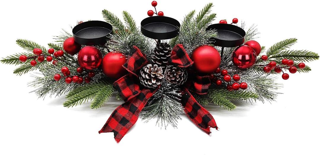 27.5-Inch Christmas Table Centerpiece with Candle Holders, Red Berries, and Pine Cones